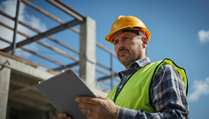 Construction worker safety helmet vest holding tablet on building site thoughtful inspection