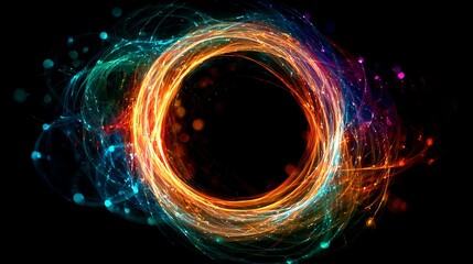 Dynamic energy ring of fire and light swirls on black background with sparks and particles