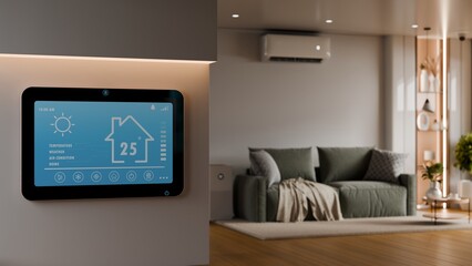 Smart home digital thermostat interface on wall with blurred modern living room background for energy saving concept- 3D rendering © Vanitjan