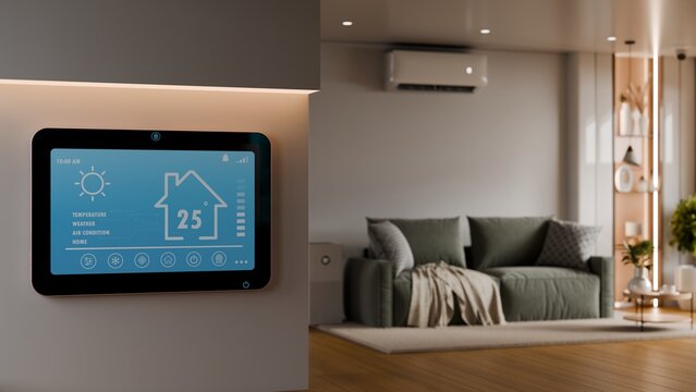 Smart home digital thermostat interface on wall with blurred modern living room background for energy saving concept- 3D rendering