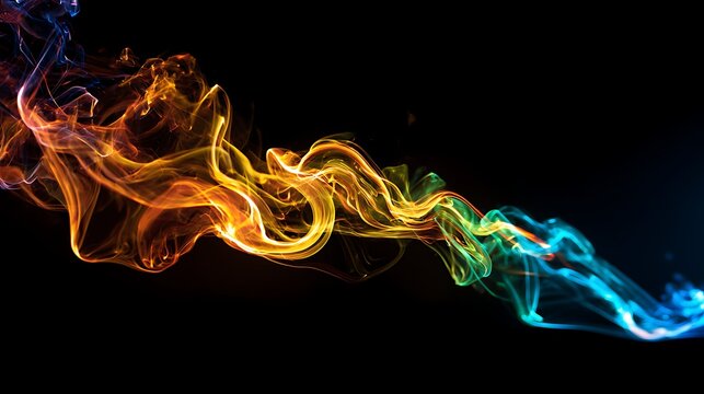 Abstract multicolored smoke trail with orange and blue fire wisps on black background - Powered by Adobe