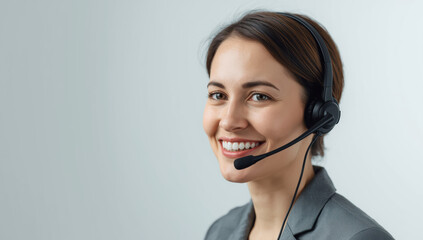 Friendly female customer support agent wearing headset smiling confidently