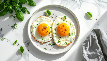 Two sunny side up eggs on white marble surface