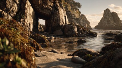 Explore a rugged coastal landscape where towering cliffs meet the sea. This hidden cove offers a serene escape, inviting you to connect with nature.