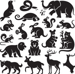 black silhouettes of various wild animals on white background