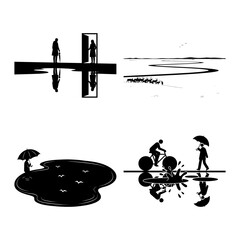 Lonely Umbrella Walkers with Streetlamp Puddle Reflections - Minimal Black and White Silhouette Scene Set