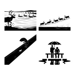 Deer Migration and Pier Umbrella Reflections - Minimal Black and White Silhouette Scene Set