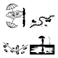 Rainy Playground Umbrella and Wildlife Herd Reflections - Black and White Silhouette Scene Collection