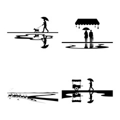 Rainy Reflection Story Scenes with Doorway, Winding River and Bicycle Splash - Black and White Silhouette Set
