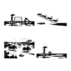 Rainy Day Umbrella Reflections at Bus Stop and City Puddles - Minimal Black and White Silhouette Scene Set