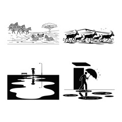 Rainy Reflection Symbols with Umbrella, Footprints, Paw Prints and Fishing Scene - Black and White Silhouette Set