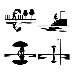 Umbrella Dog Walk and Market Awning Moments with Reflections - Black and White Silhouette Scene Set