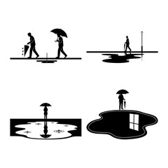 Wildlife Migration with Rainy Umbrella Reflections - Zebra and Antelope Silhouette Scene Set