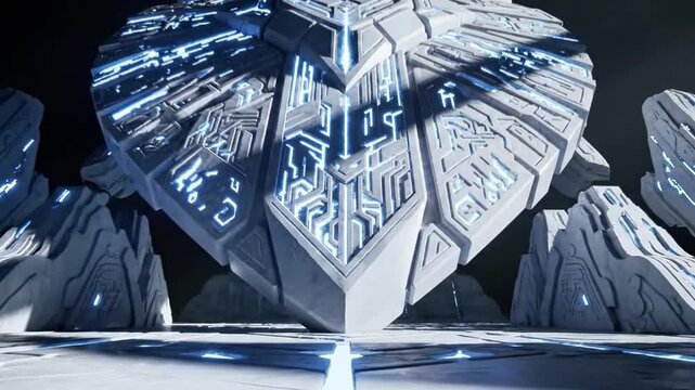 A futuristic, metallic object with blue glowing lines and circuits on its surface sits on a flat surface, surrounded by other mechanical components