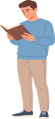 Fototapeta premium Illustration of a man reading a book in a relaxed environment from a straightforward viewpoint