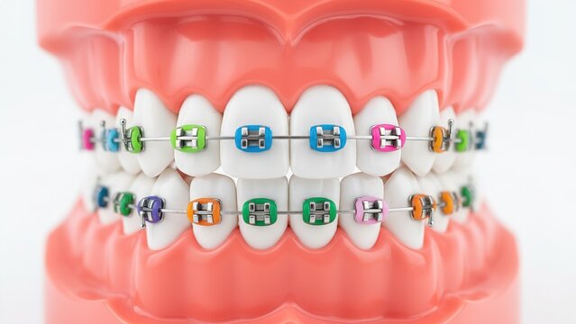 Close up view of a dental model showcasing colorful ceramic braces brackets being applied to straight white teeth for cosmetic improvement.