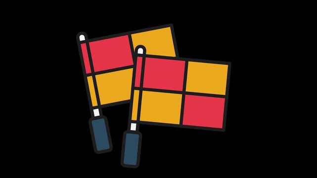 Animated vector icon of crossed assistant referee flags, representing officiating signals, fouls, and sideline decisions in soccer matches. Smooth looping animation.