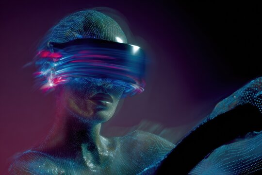Humanoid artificial intelligence bust with glowing data lines and sleek visor in blue iris and tiger lily hues for futuristic technology and metaverse concepts with copy space