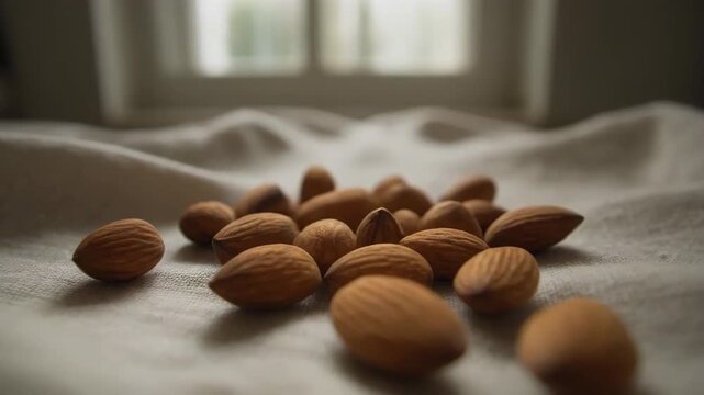 Pile of Almonds on Cream Fabric with Window Light Background