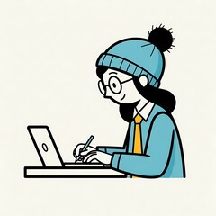 Cartoon woman working on laptop
