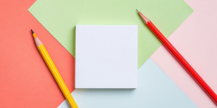Blank small white sticky note memo pad mockup on a mint green and white split background with a pen and pencil, clear corporate accents for office template copy space