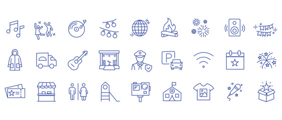 Party icon set. Containing birthday, wedding party, dancing, happy new year, week, Christmas, event, holiday, carnival, life music, celebration and more. Editable line icons. Vector illustration.
