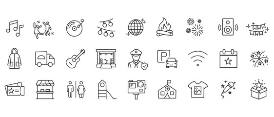 Party icon set. Containing birthday, wedding party, dancing, happy new year, week, Christmas, event, holiday, carnival, life music, celebration and more. Editable line icons. Vector illustration.