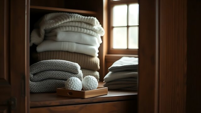 camphor. White camphor balls placed inside an antique wooden wardrobe with folded clothing. menu design, packaging mockups, designed for food delivery and cloud-kitchen brand materials.