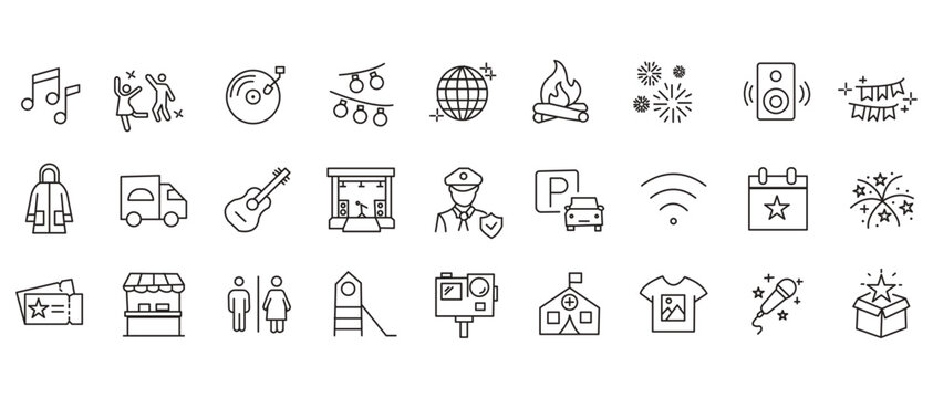 Party icon set. Containing birthday, wedding party, dancing, happy new year, week, Christmas, event, holiday, carnival, life music, celebration and more. Editable line icons. Vector illustration.