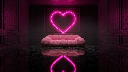 Modern room with pink neon heart and fluffy seat