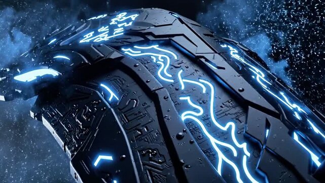 A futuristic tire with glowing blue neon lines running through it, set against a dark background with sparks flying around