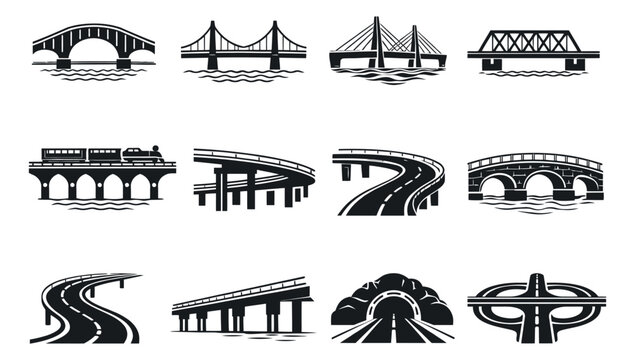 Monochrome graphic icon set featuring various types of bridges, roads, and a tunnel for transportation and engineering