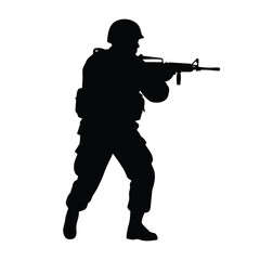 Black soldier silhouette vector, armed rifle combat stance design, military tactical icon in black and white