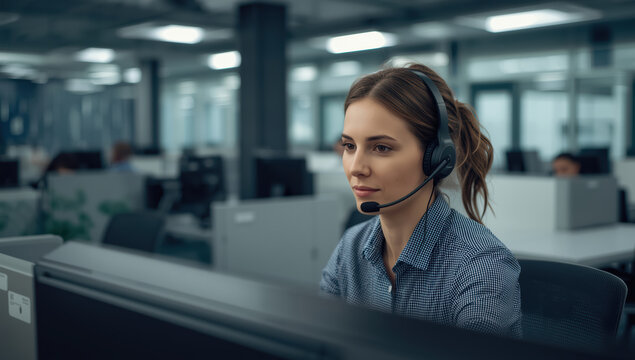 Young customer service representative wearing headset modern call center focused computer screen