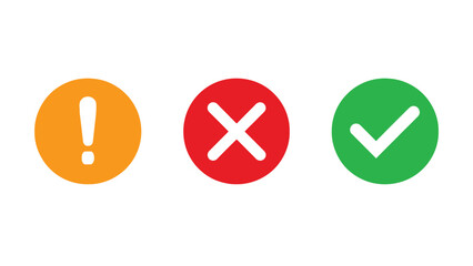 A colorful graphic design featuring warning and validation icons on a white background