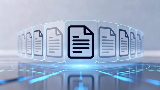 Digital document icons arranged in a row with a glowing blue background, representing data storage or file management.