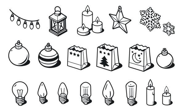 Hand drawn line art Christmas decorations set featuring festive ornaments, candles, luminarias, and various lights for winter holiday celebrations