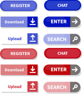 Webサイトやアプリで使える操作ボタンのUIイラストセット｜登録・チャット・ダウンロード・アップロード・検索・ログインを表現したカラフルなフラットデザイン素材