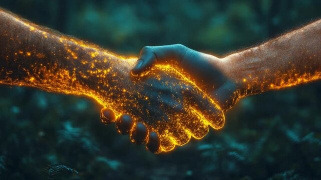Agreement handshake: An ethereal image of two hands clasped in a handshake, the figures glowing with warmth and energy, signifying the union and synergy of collaboration, trust and unity.