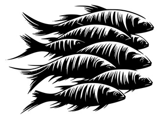 Obraz premium School of fish silhouettes in engraving style, black and white aquatic illustration