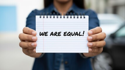 Person holding small spiral notepad displaying powerful message advocating for human rights and equality