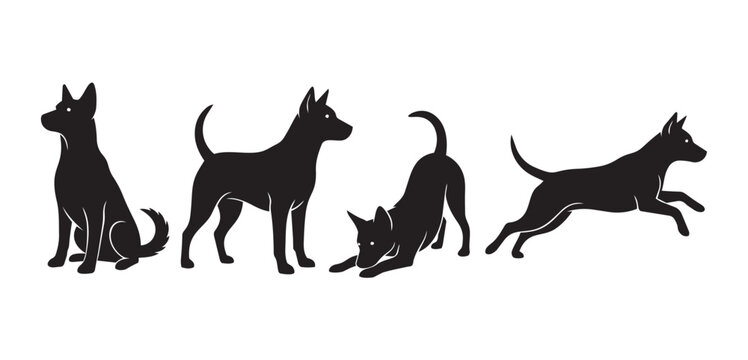 black dog silhouettes in various poses like sitting and running on white
