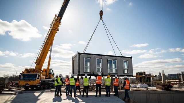 Construction Crew Lifting Modular Building Section with Crane on Sunny Day