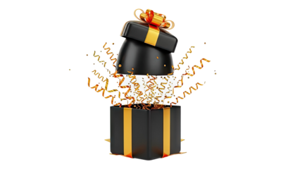 Black gift box with golden ribbon and confetti
