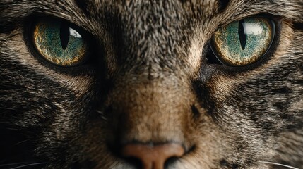 A mesmerizing close-up captures the intense gaze of a feline, revealing striking green eyes that gleam with an enigmatic allure and quiet intensity.