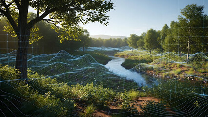 Serene forest landscape with a gentle stream, bathed in warm sunlight, overlaid with digital data visualization