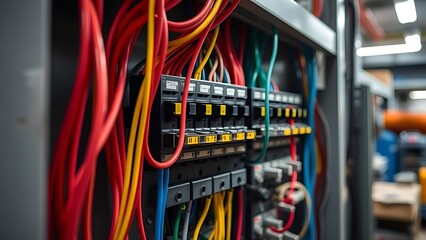 fuse. Detailed close-up of an electrical switchboard with colorful cables in an industrial workspace. safety posters.