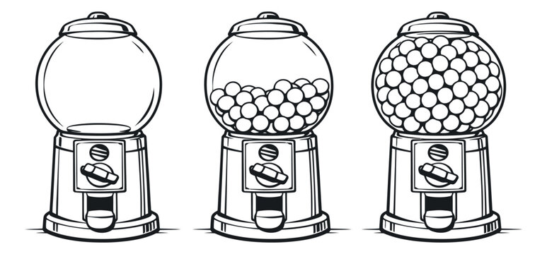 Hand drawn line art gumball machine set featuring gumballs in varying quantities for retro candy concepts