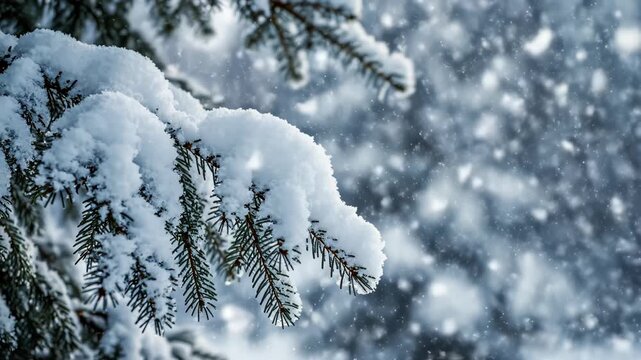 Snow covered pine branches in falling snow