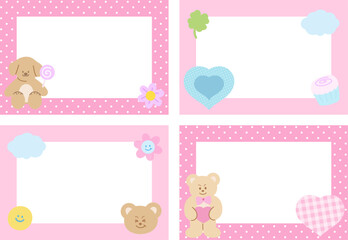 Fototapeta premium Pink frame set with teddy bear, puppy, hearts, flower, polka dot pattern for polaroid photo, rectangle ad template, social media, poster, decoration, notepads, sticky note, memo, animal print, pet